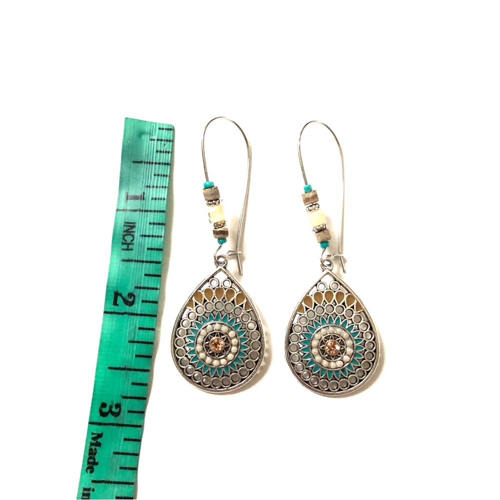 Vintage Style Blue Beige & Silver Tone Hoop Drop Earrings - Picture 4 of 4